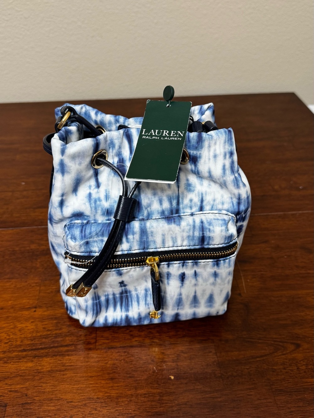 Lauren Ralph Lauren Blue and White Tie-Dye Mini Drawstring Bag